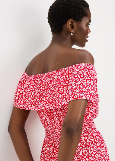 Red Floral Shirred Frill Jumpsuit