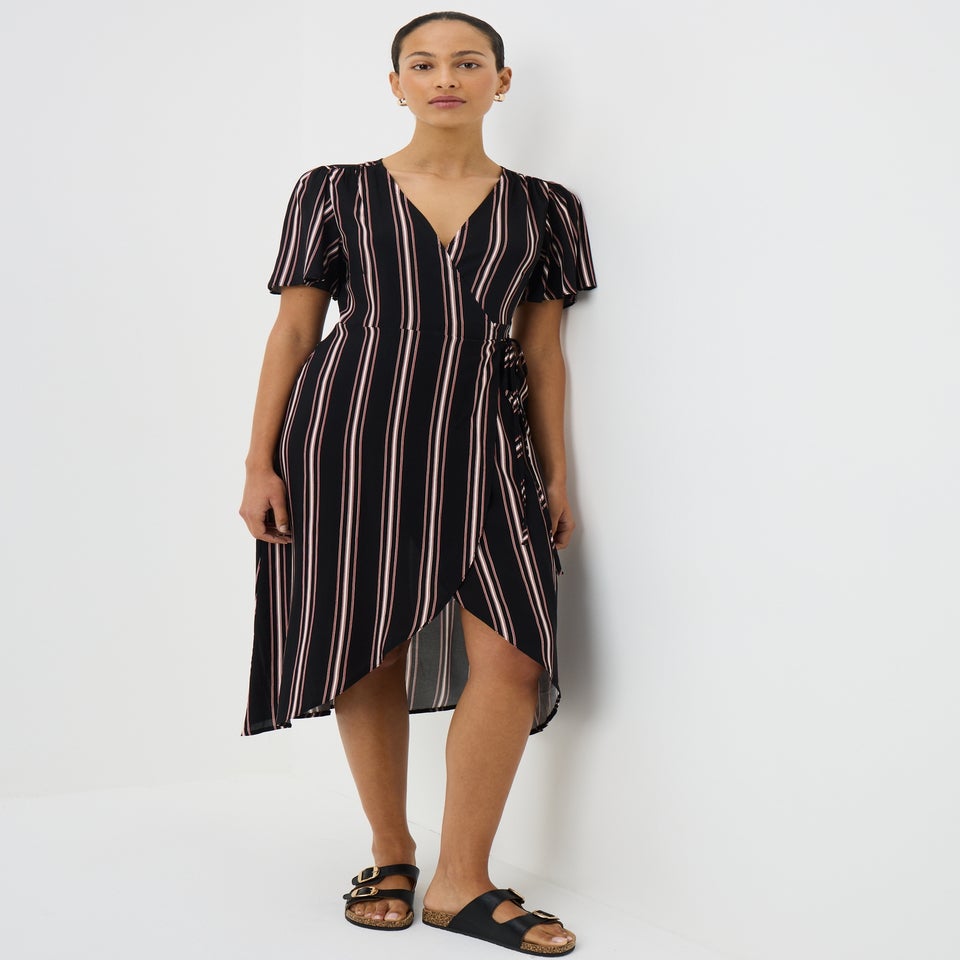 Black Stripe Wrap Midi Dress