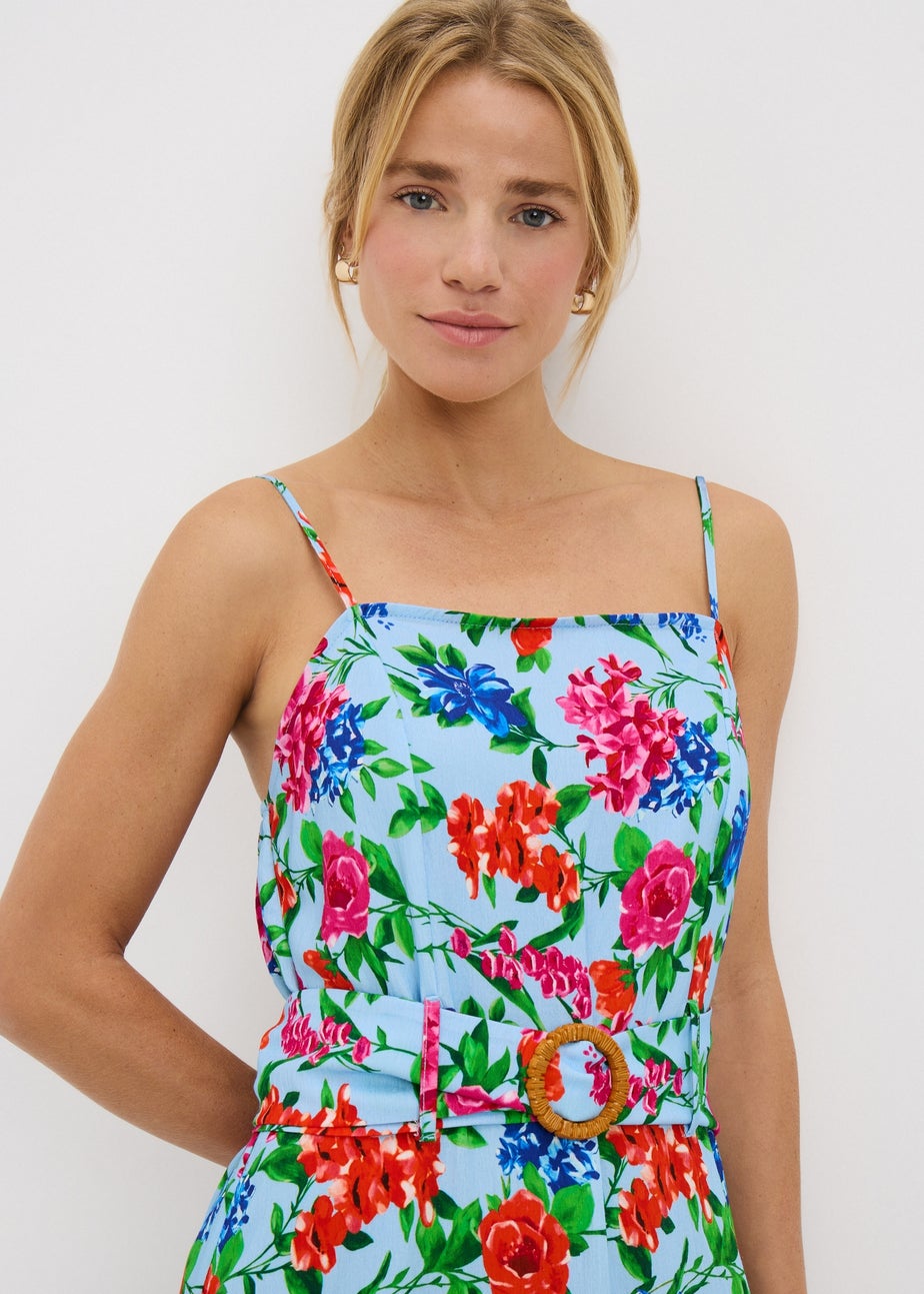 Blue Floral Buckle Belted Midi Dress