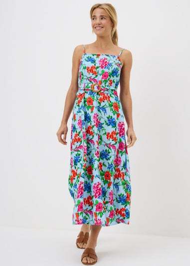 Blue Floral Buckle Belted Midi Dress