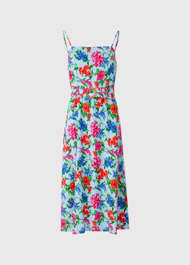 Blue Floral Buckle Belted Midi Dress