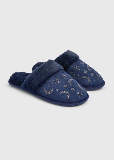 Navy Diamante Star & Moon Mule Slippers