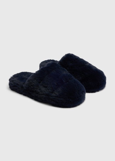 Navy Blue Fluffy Fur Mule