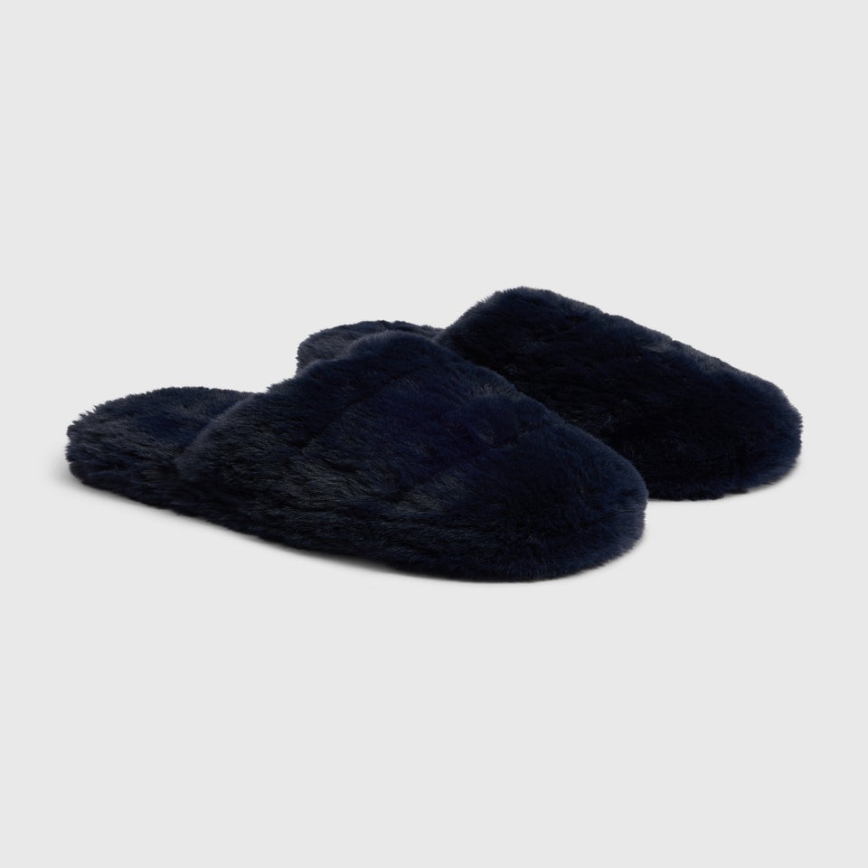 Navy Blue Fluffy Fur Mule