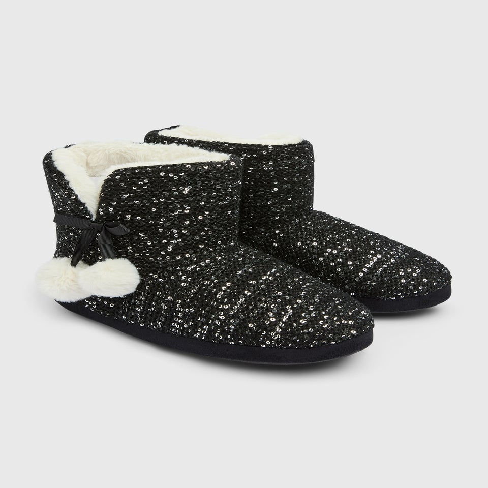 Black Sequin Slipper Boots