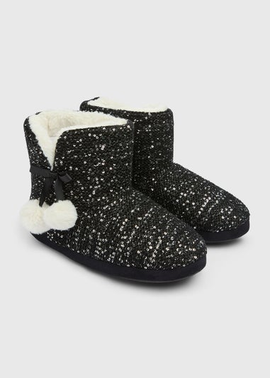 Black Sequin Slipper Boots