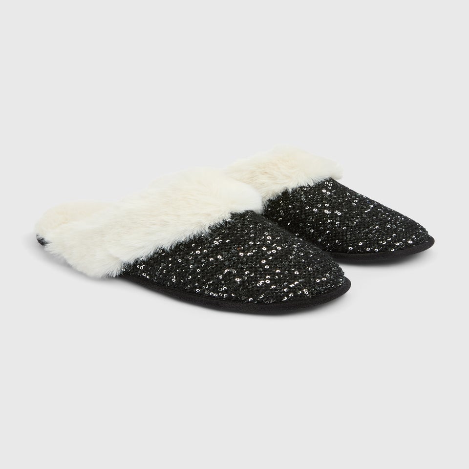 Black Sequin Mule Slippers