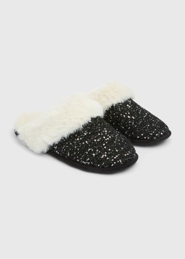 Black Sequin Mule Slippers
