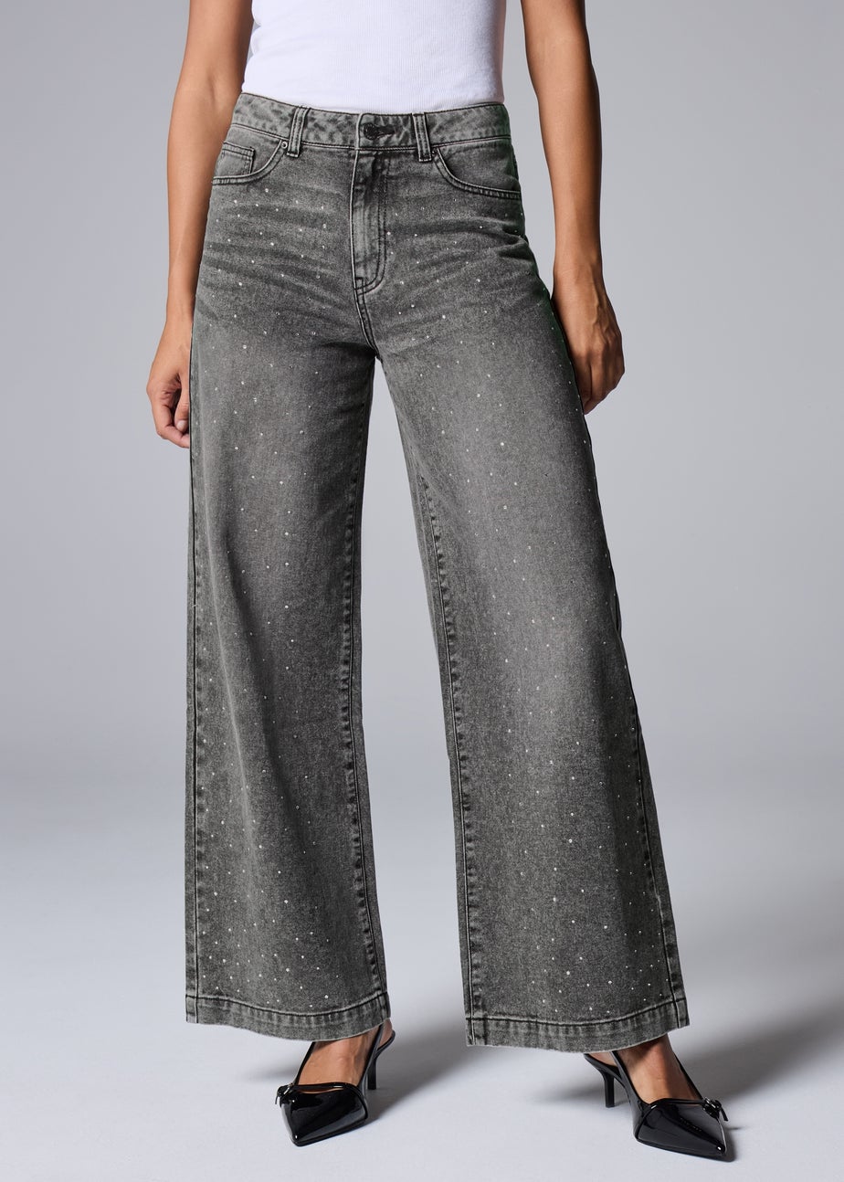 Grey Bling Diamante Wide Leg Jeans
