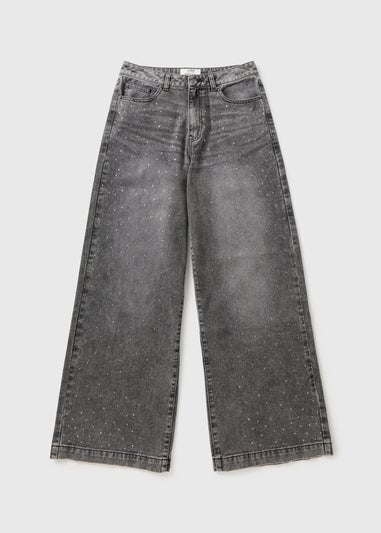Grey Bling Diamante Wide Leg Jeans