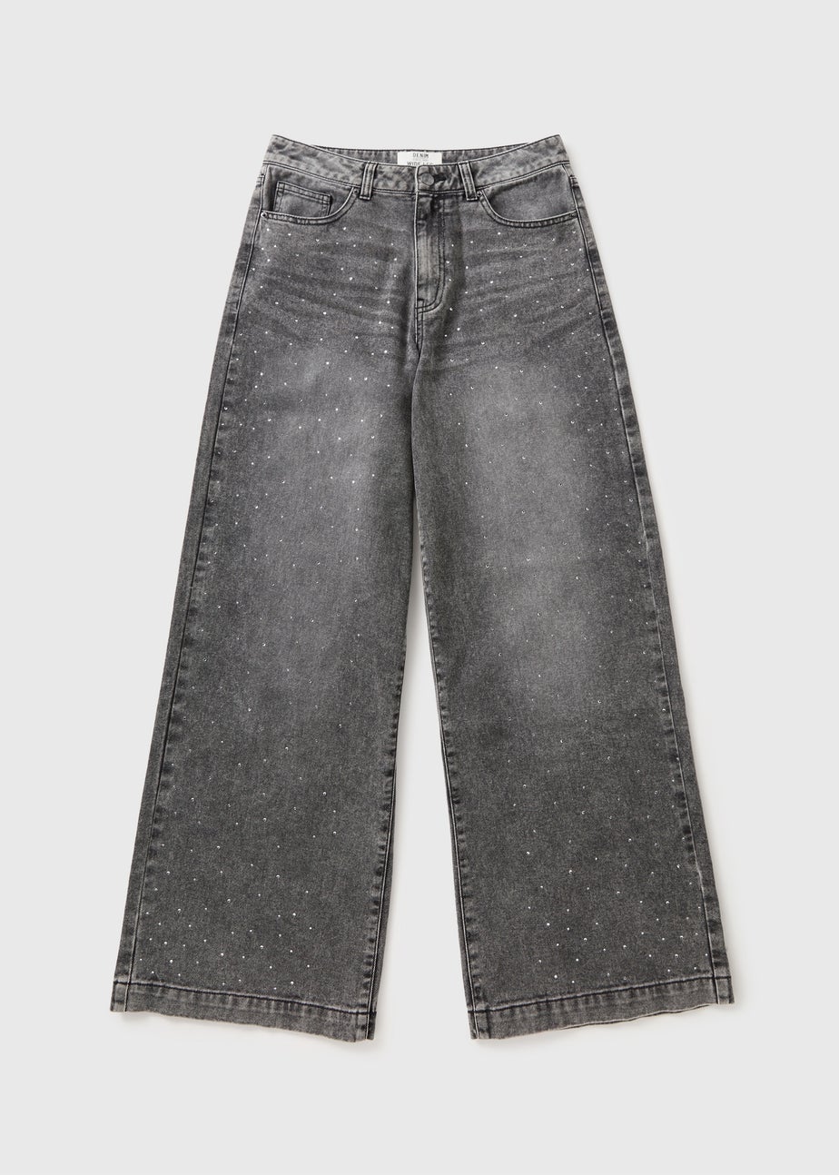 Grey Bling Diamante Wide Leg Jeans