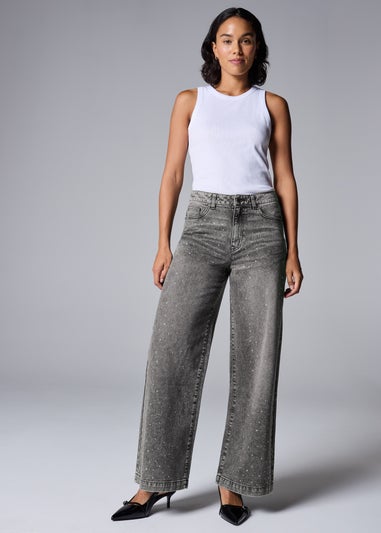 Grey Bling Diamante Wide Leg Jeans