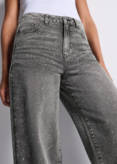 Grey Bling Diamante Wide Leg Jeans