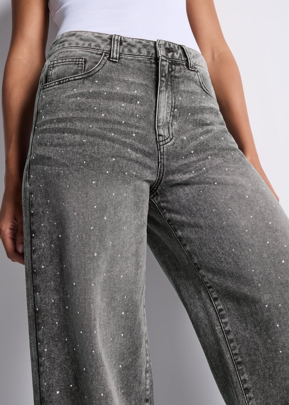 Grey Bling Diamante Wide Leg Jeans