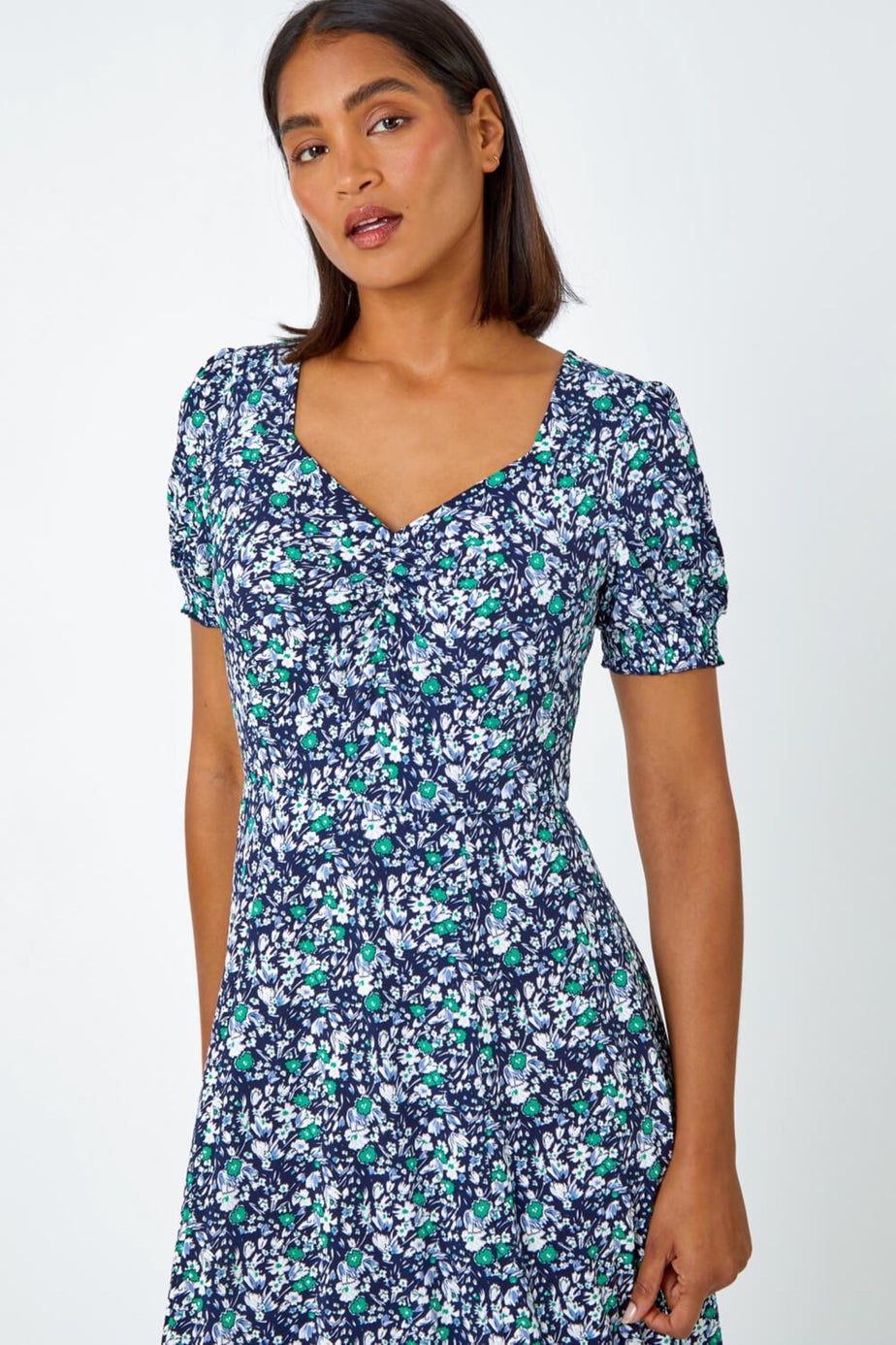 Roman Green Ditsy Floral Ruched Stretch Midi Dress