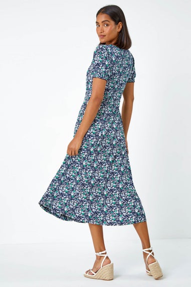 Roman Green Ditsy Floral Ruched Stretch Midi Dress