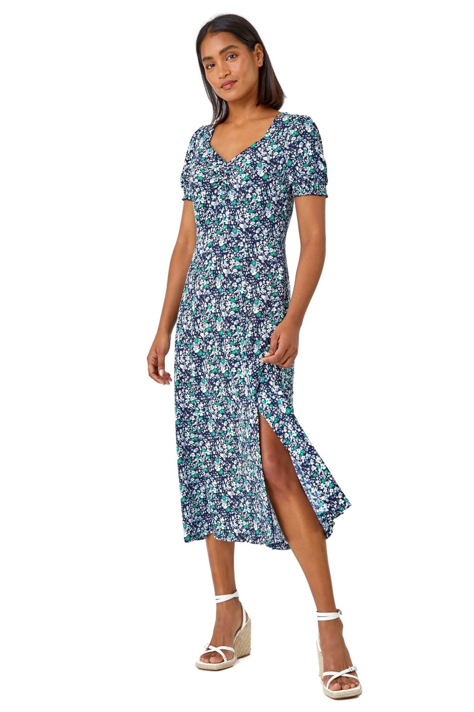 Roman Green Ditsy Floral Ruched Stretch Midi Dress