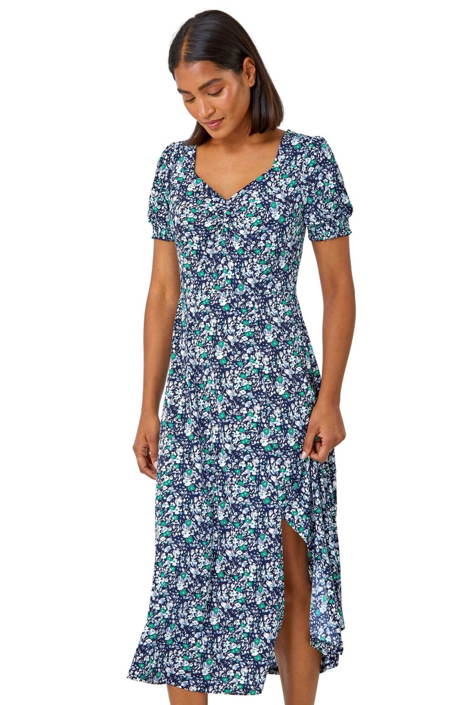 Roman Green Ditsy Floral Ruched Stretch Midi Dress