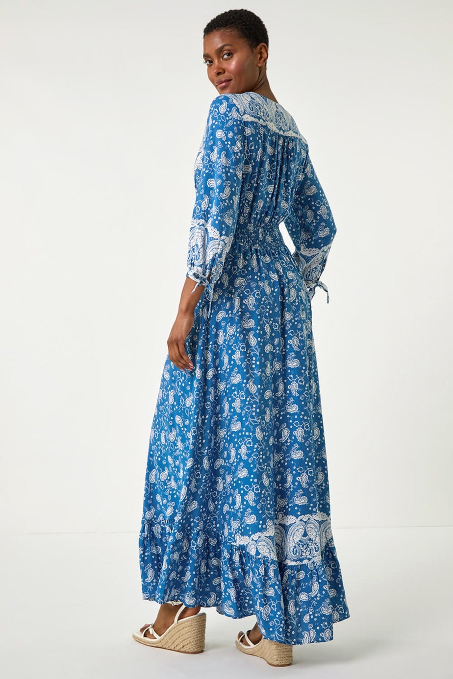 Roman Blue Paisley Print Frill Hem Maxi Dress