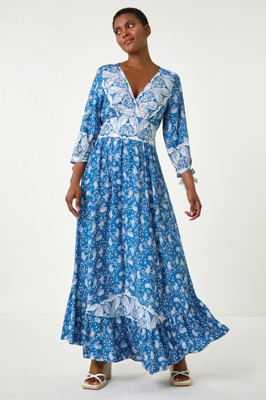 Roman Blue Paisley Print Frill Hem Maxi Dress