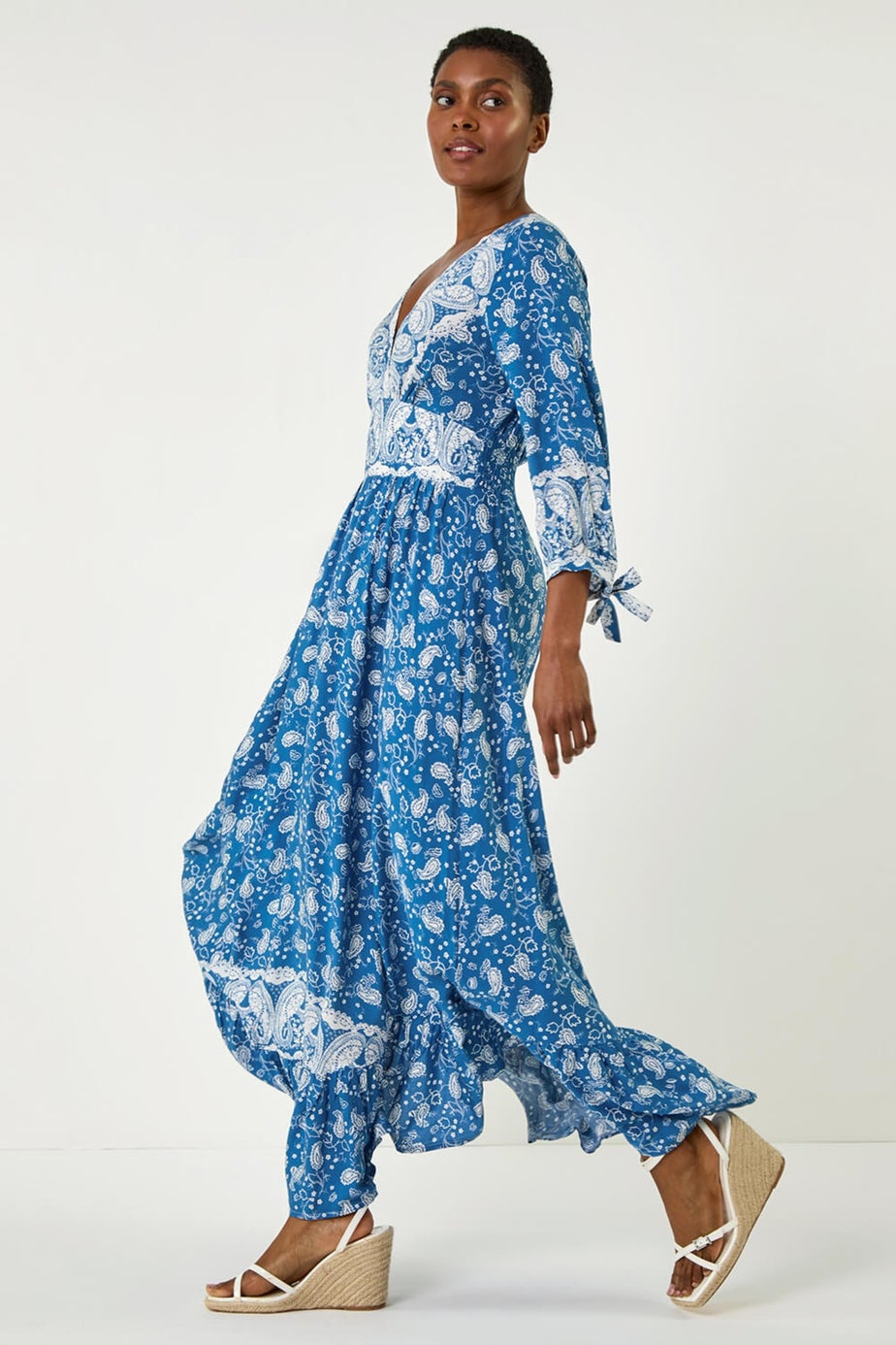 Roman Blue Paisley Print Frill Hem Maxi Dress