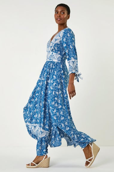 Roman Blue Paisley Print Frill Hem Maxi Dress