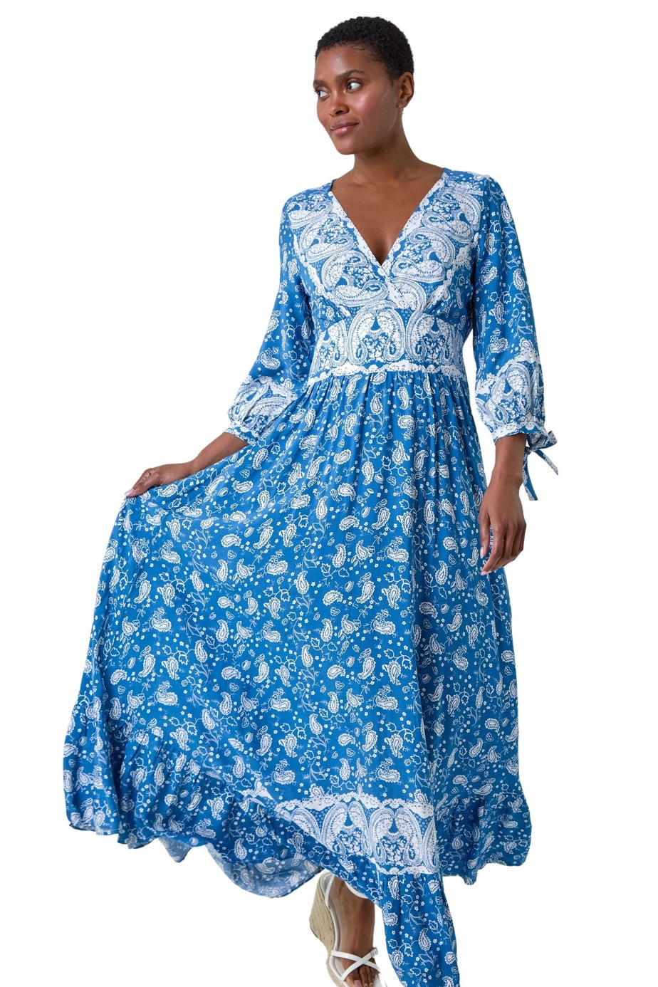 Roman Blue Paisley Print Frill Hem Maxi Dress