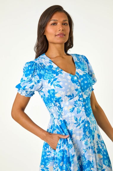 Roman Blue Button Through Floral Shirred Midi Dress