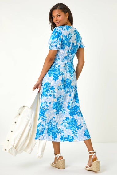 Roman Blue Button Through Floral Shirred Midi Dress