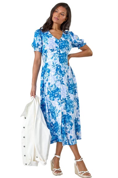 Roman Blue Button Through Floral Shirred Midi Dress