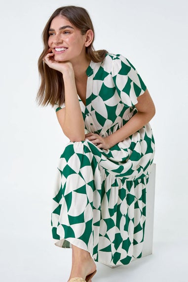 Roman Green Geometric Print Tiered Midi Dress