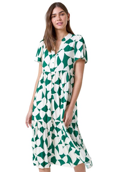 Roman Green Geometric Print Tiered Midi Dress