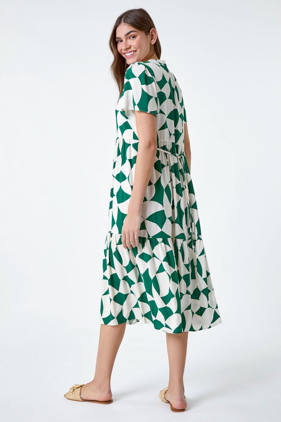 Roman Green Geometric Print Tiered Midi Dress