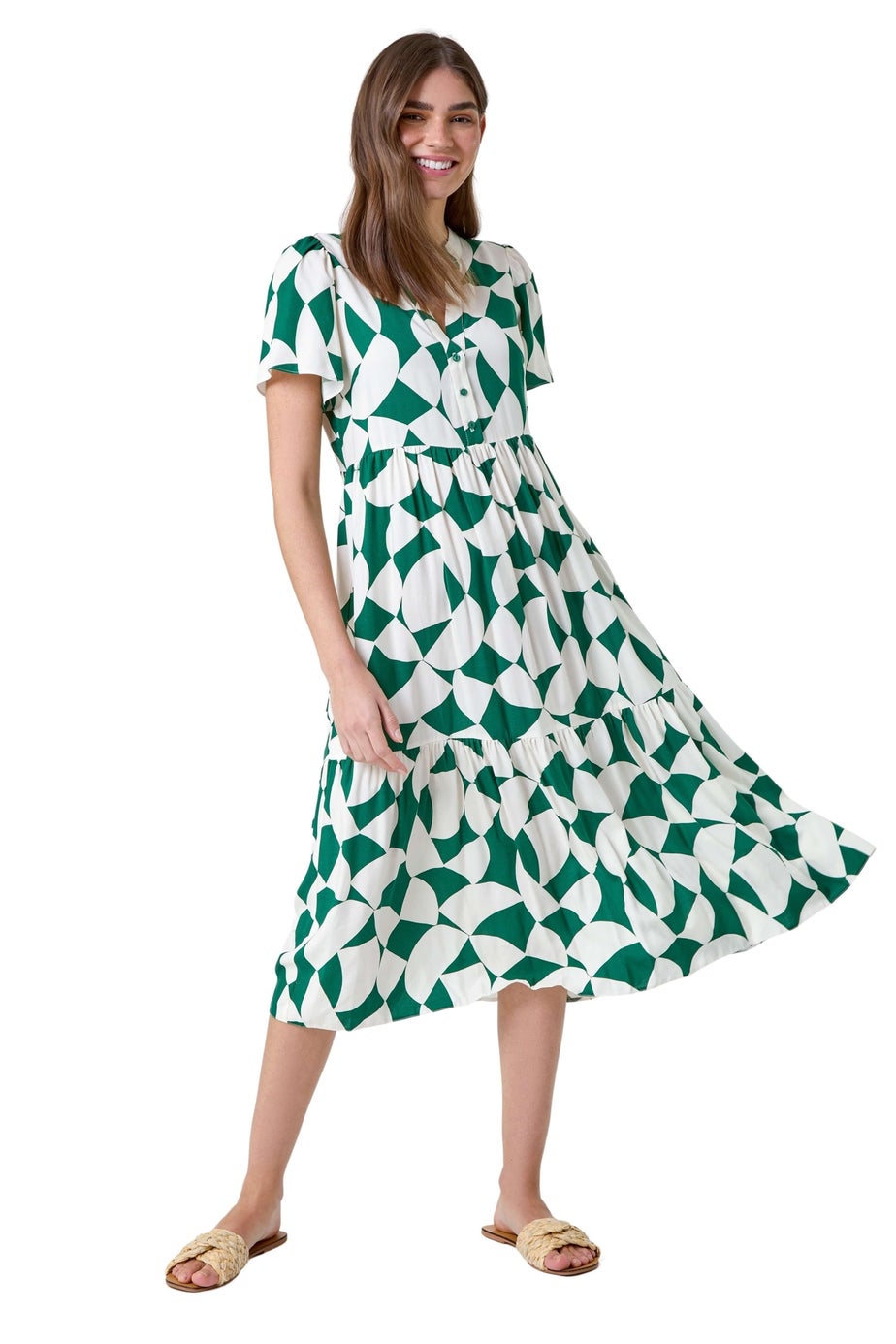 Roman Green Geometric Print Tiered Midi Dress
