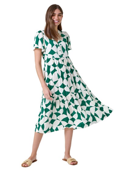 Roman Green Geometric Print Tiered Midi Dress