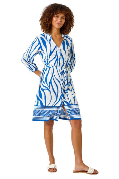 Roman Ink Blue Abstract Border Tie Shirt Dress