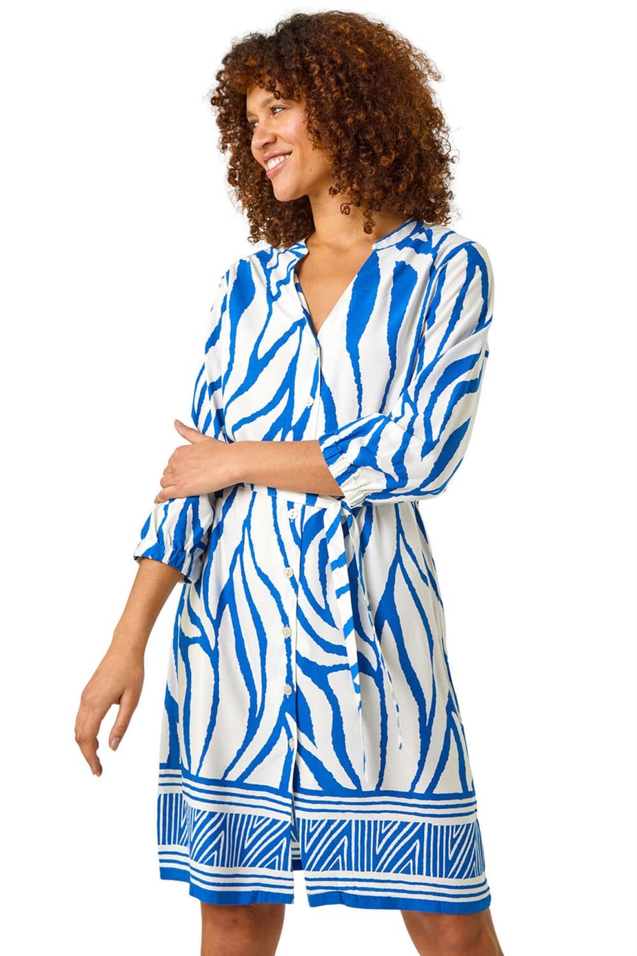 Roman Ink Blue Abstract Border Tie Shirt Dress