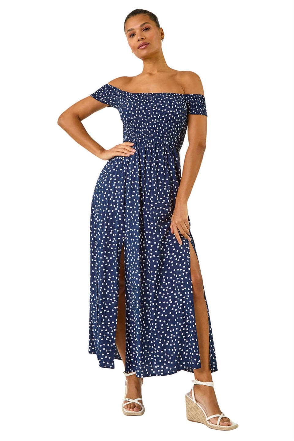 Roman Navy Spot Print Bardot Shirred Maxi Dress