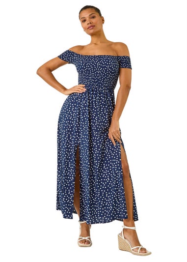 Roman Navy Spot Print Bardot Shirred Maxi Dress