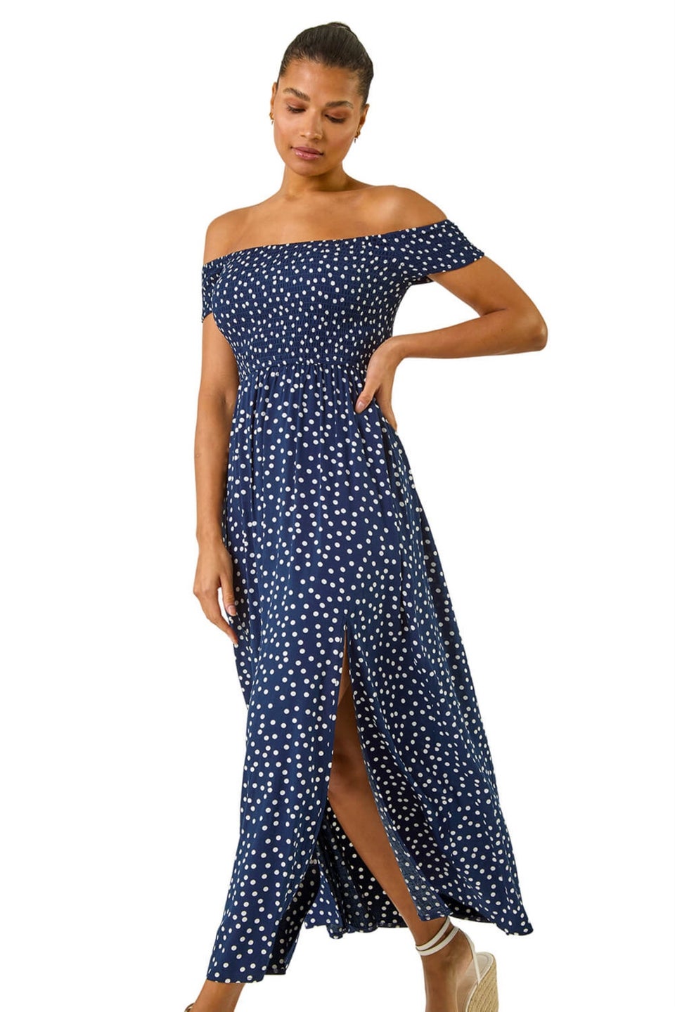 Roman Navy Spot Print Bardot Shirred Maxi Dress