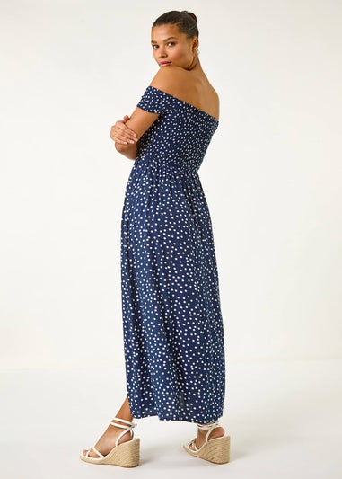 Roman Navy Spot Print Bardot Shirred Maxi Dress