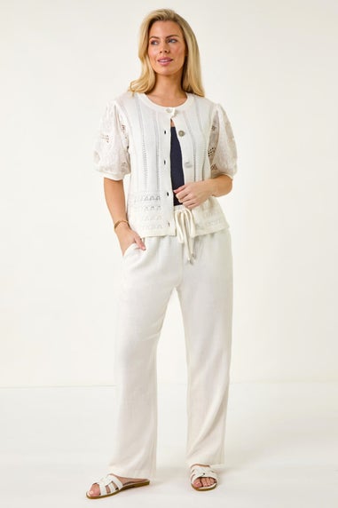 Roman White Petite Embroidered Sleeve Knit Cardigan