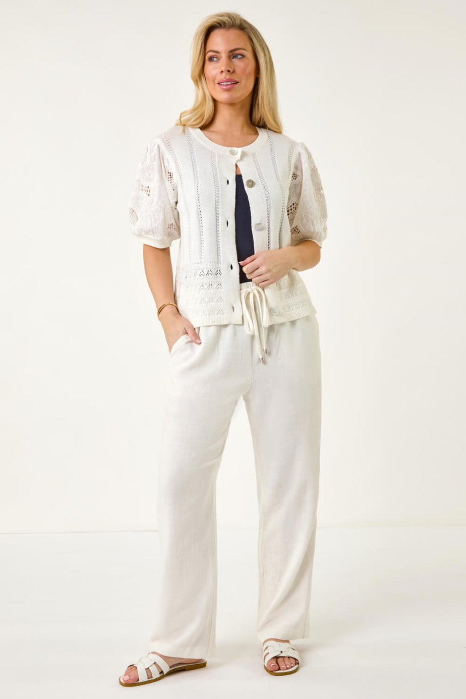 Roman White Petite Embroidered Sleeve Knit Cardigan