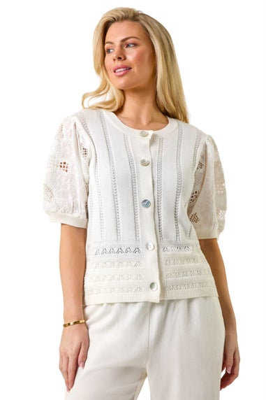 Roman White Petite Embroidered Sleeve Knit Cardigan