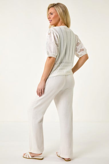 Roman White Petite Embroidered Sleeve Knit Cardigan