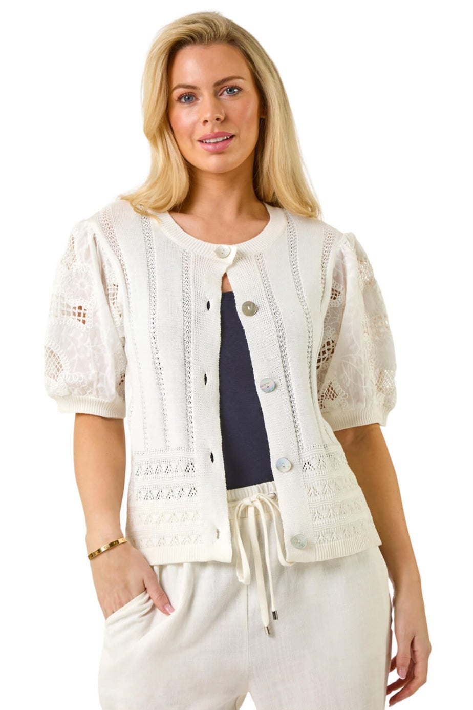 Roman White Petite Embroidered Sleeve Knit Cardigan