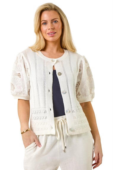 Roman White Petite Embroidered Sleeve Knit Cardigan