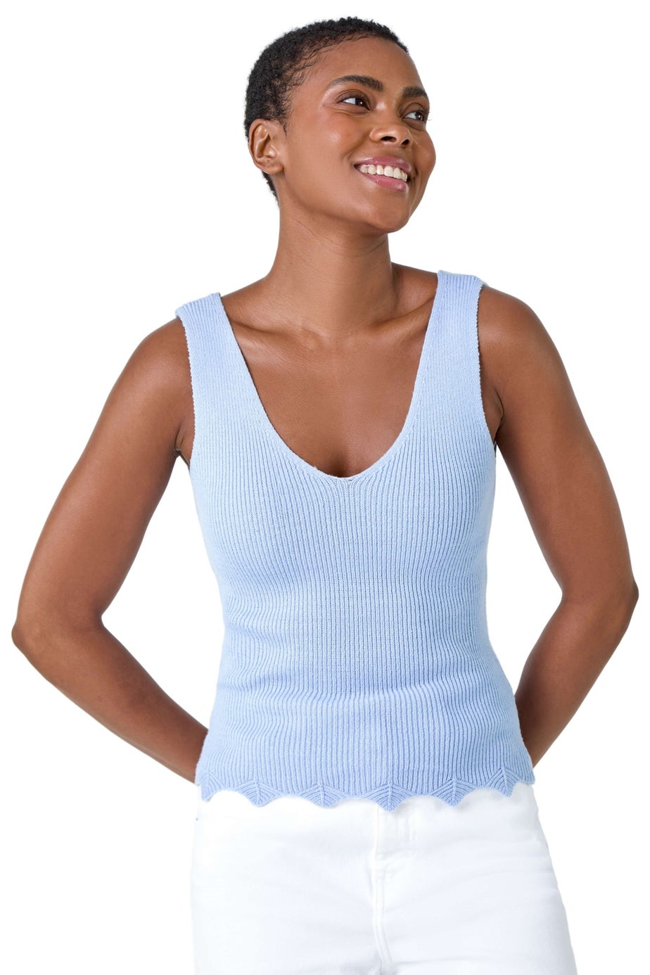 Roman Light Blue Scalloped Edge V-Neck Knit Vest