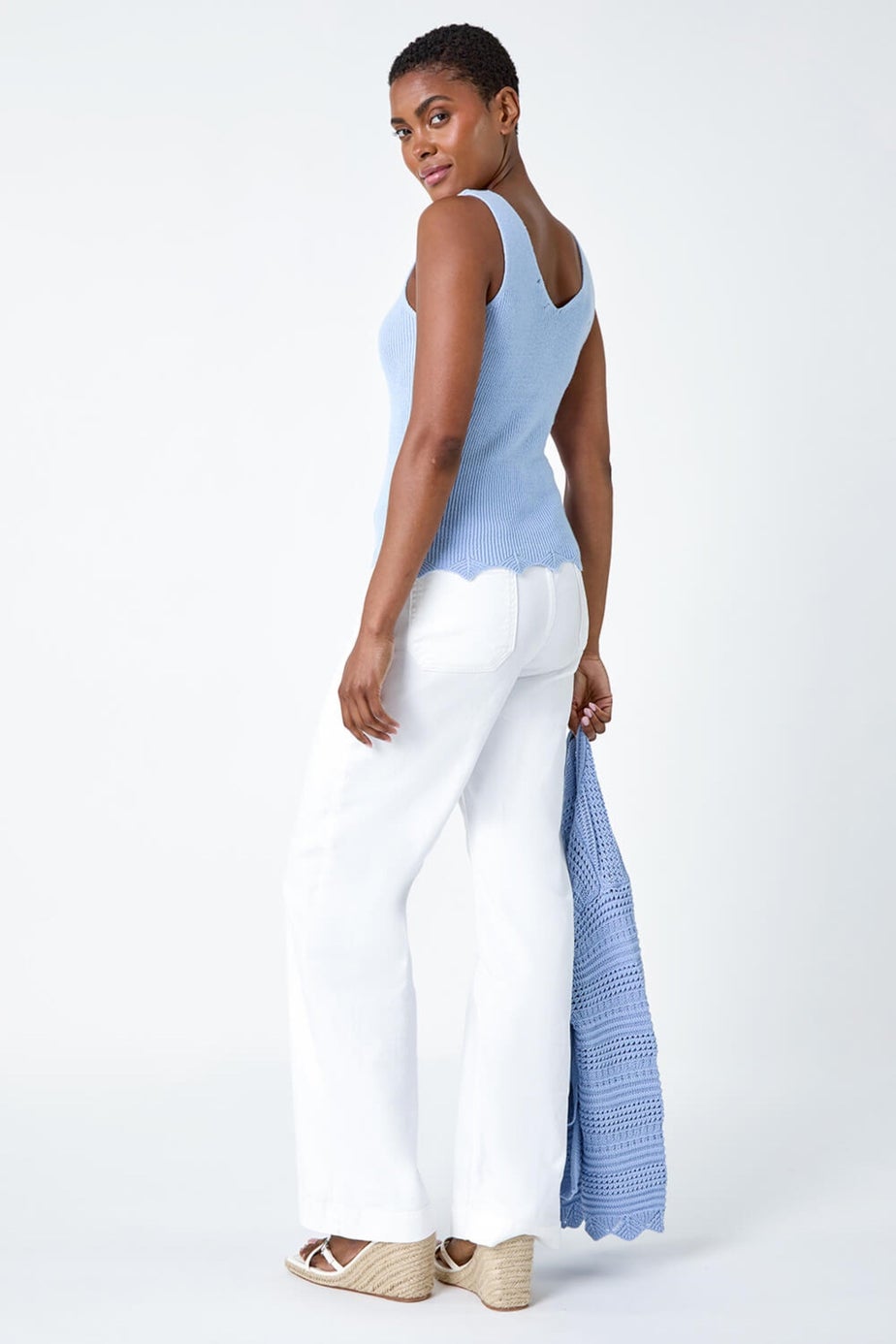 Roman Light Blue Scalloped Edge V-Neck Knit Vest