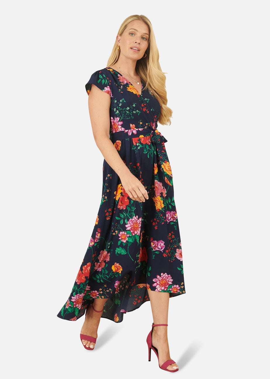 Yumi Navy Flower  Print Wrap Midi Dress